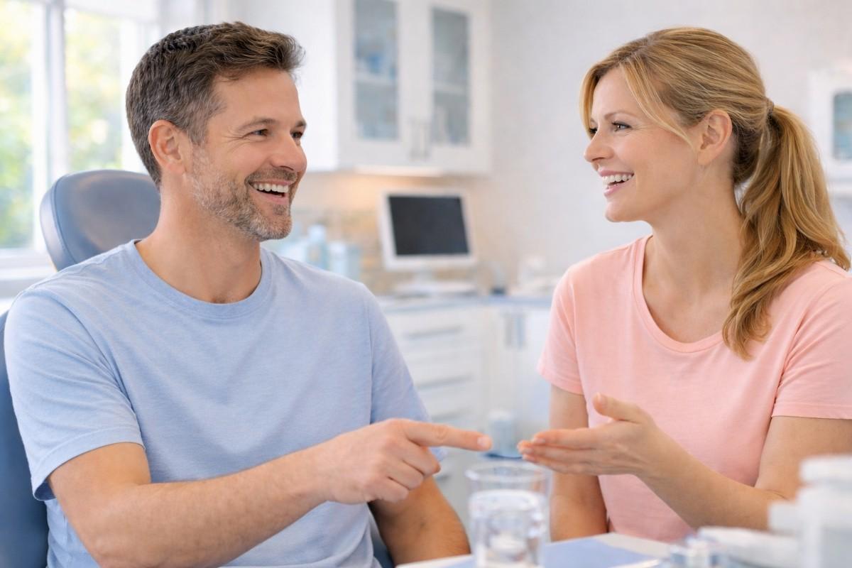 Patients smiling during a routine dental checkup consultation at a dental office